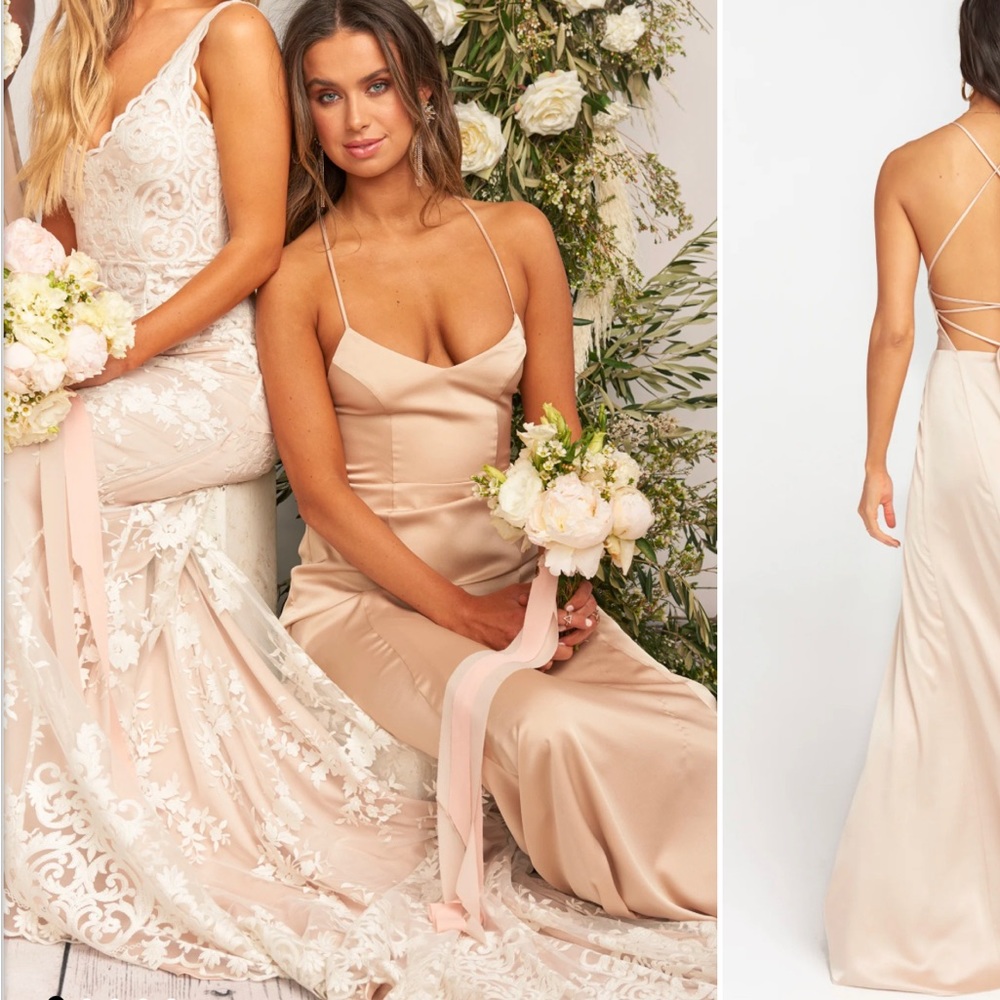 SHOW ME YOUR MUMU GODSHAW GODDESS GOWN IN CHAMPAGNE SATIN. NEW WITH TAGS UNWORN